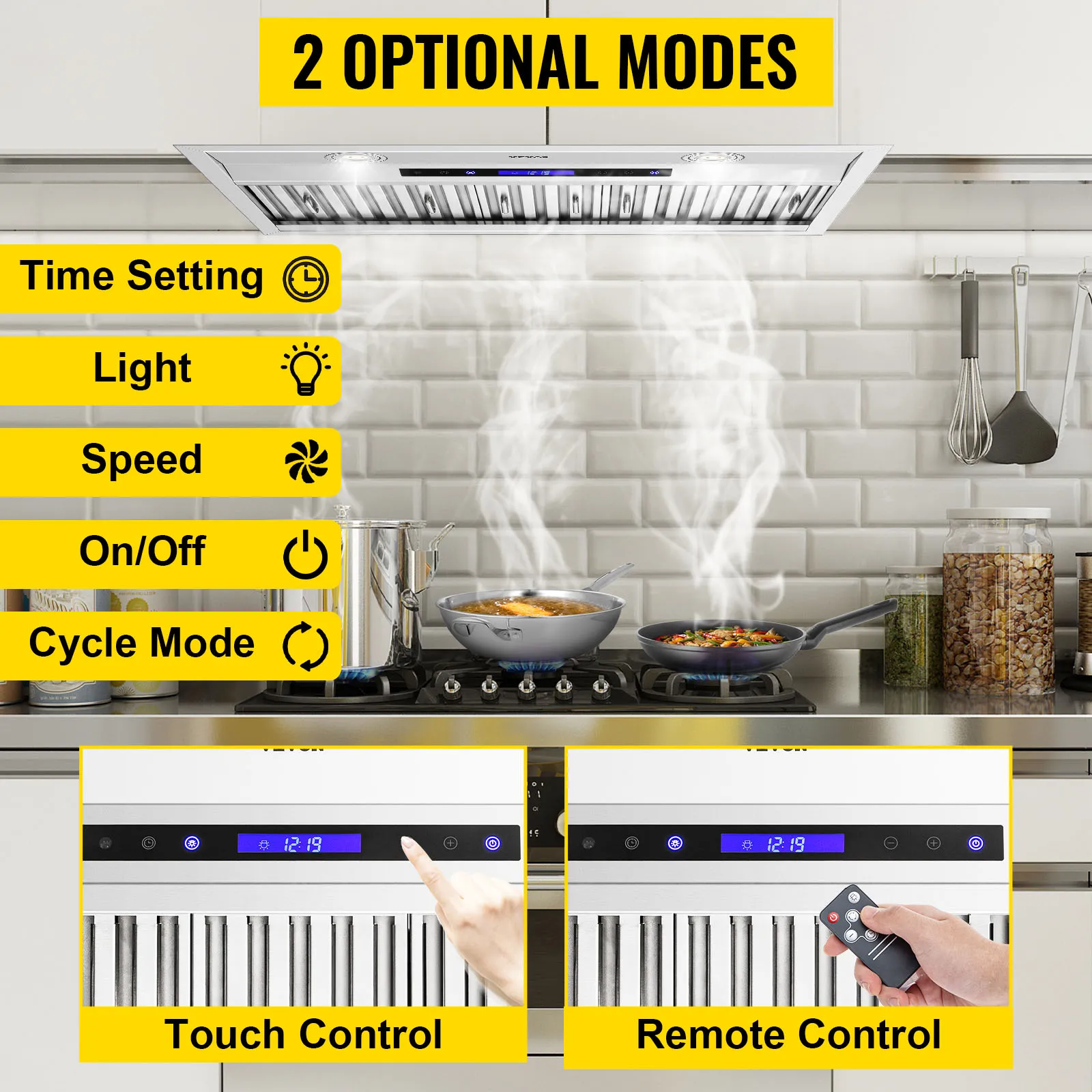 Campana extractora insertable VEVOR con control táctil y remoto, con configuración de tiempo, luz, velocidad y modo de ciclo.