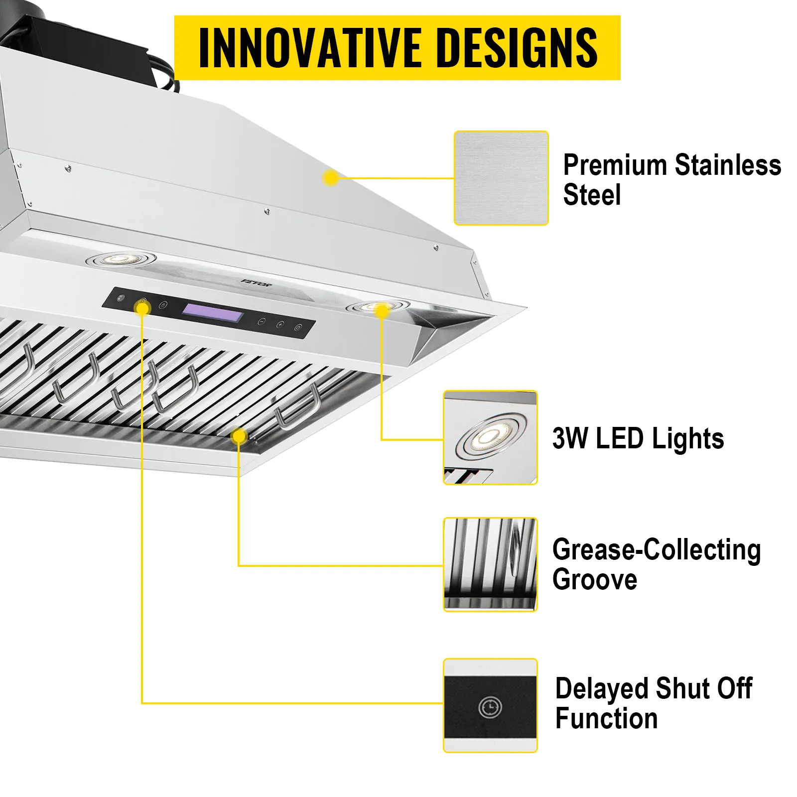 Campana extractora insertable VEVOR con acero inoxidable de primera calidad, luces LED de 3 W, ranura recolectora de grasa y apagado retardado.