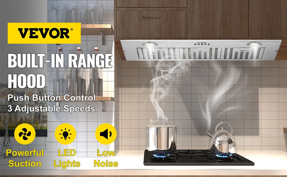 Campana extractora insertable VEVOR con control de botón pulsador, luces LED, potente succión y bajo nivel de ruido.