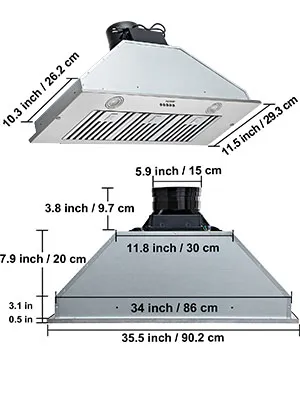 Dimensiones y diseño de la campana extractora insertable VEVOR, que muestra su elegante construcción de acero inoxidable.