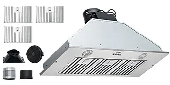 Campana extractora insertable VEVOR con filtros de acero inoxidable y piezas de instalación, mostrando el conjunto completo.