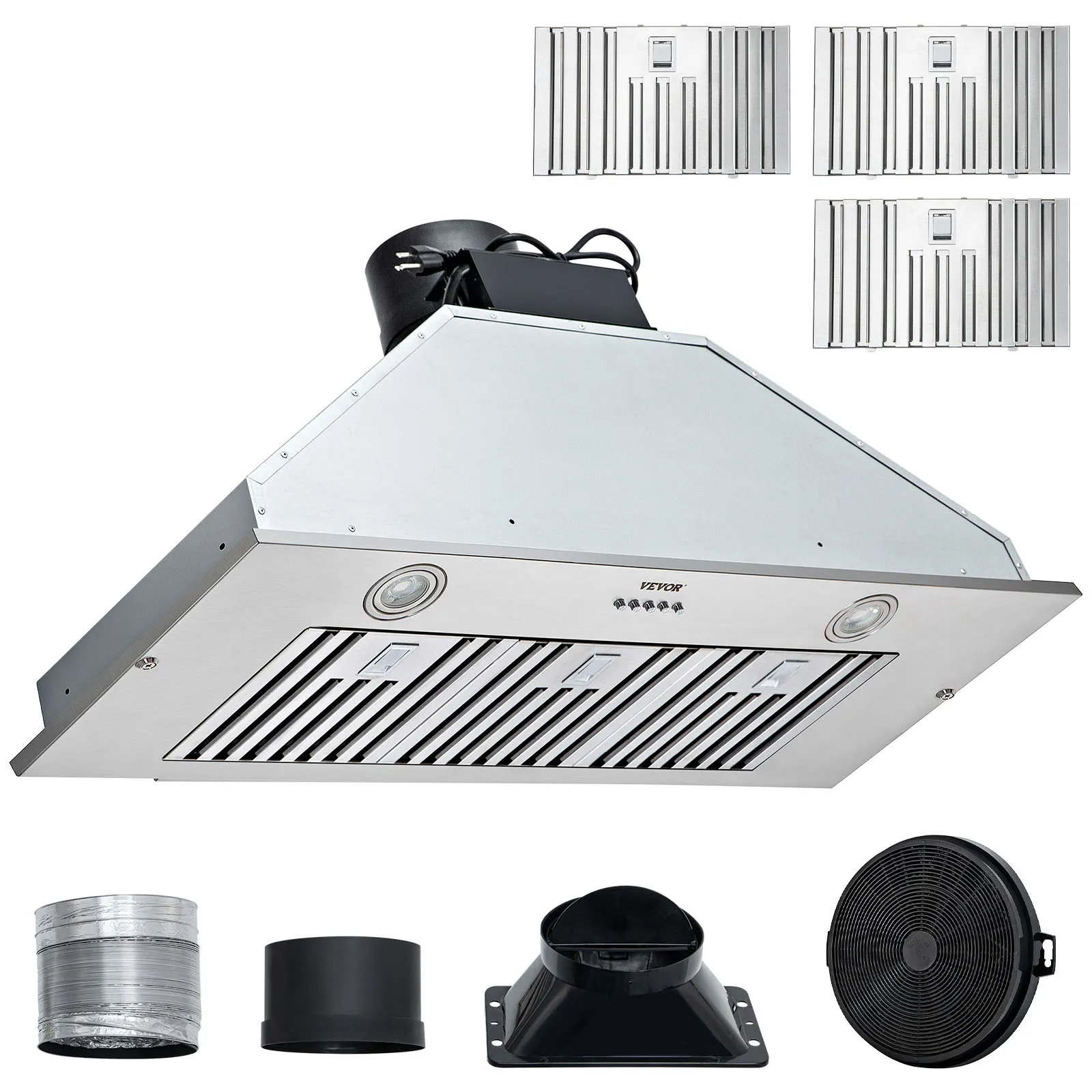 Campana extractora insertable VEVOR con filtros deflectores de acero inoxidable, luces LED, conducto y componentes de instalación.