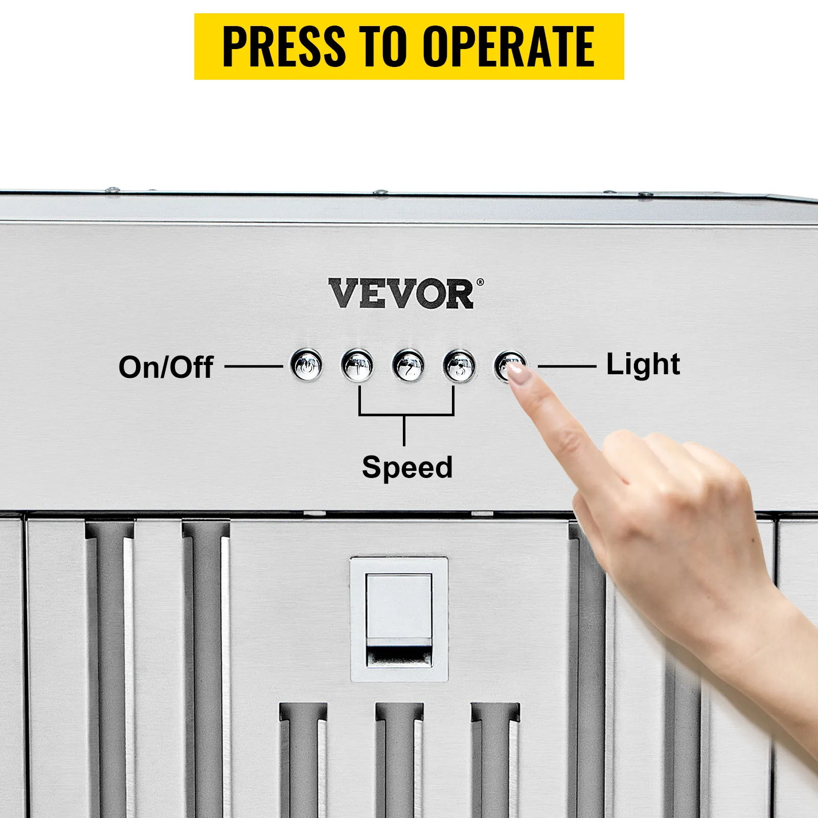 controles operativos manuales en una campana extractora insertable VEVOR con botones de encendido/apagado, velocidad y luz.