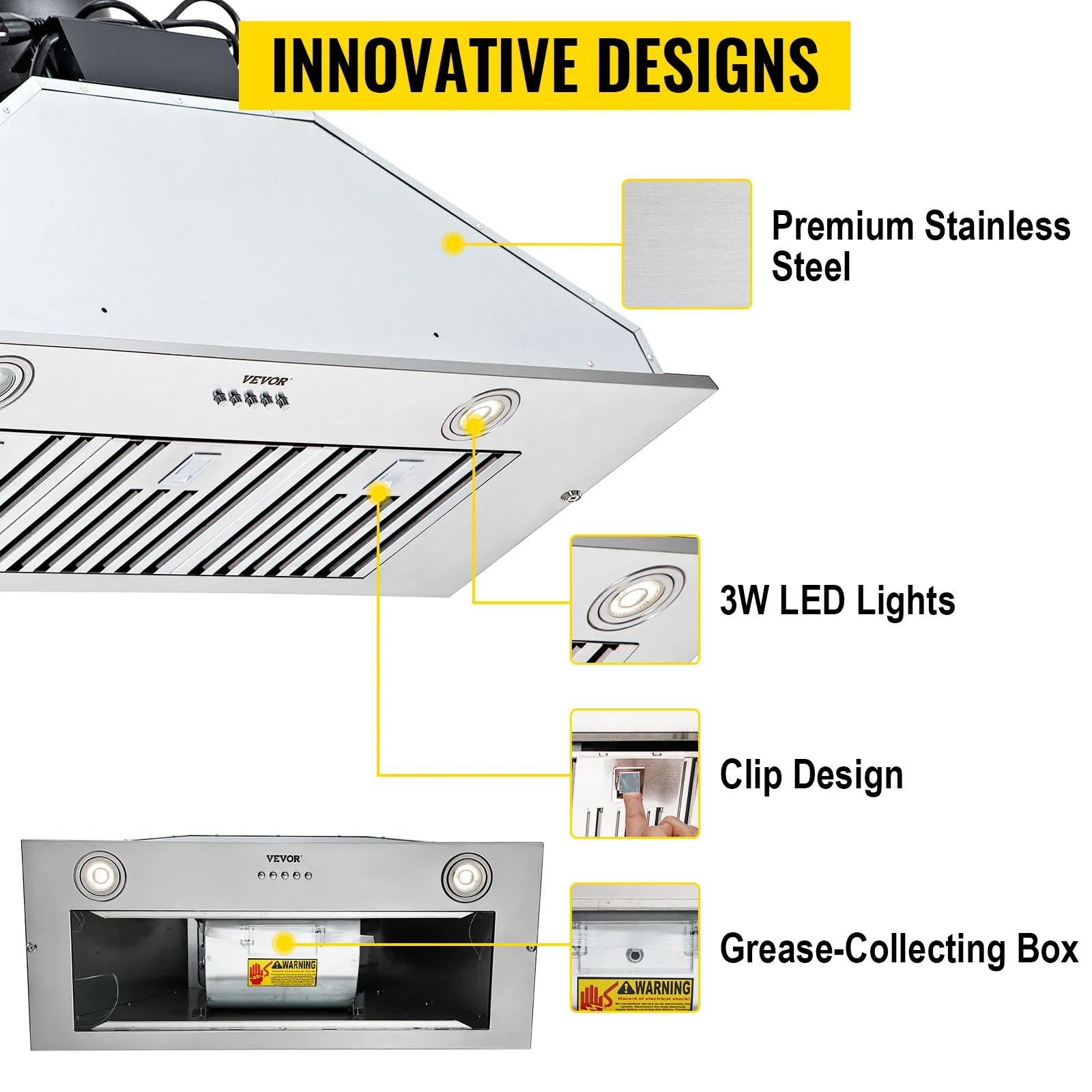 Campana extractora insertable VEVOR con acero inoxidable de primera calidad, luces LED de 3 W, diseño de clip y caja recolectora de grasa.