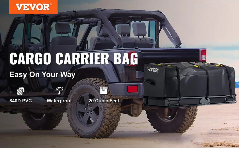VEVOR cargo carrier bag attached to a black jeep, highlighting 840d pvc, waterproof, 20 cubic feet capacity.