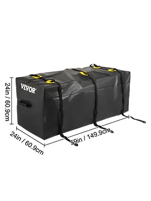 black VEVOR cargo carrier bag with straps, showing a 59 in x 24 in x 24 in size with yellow highlights.