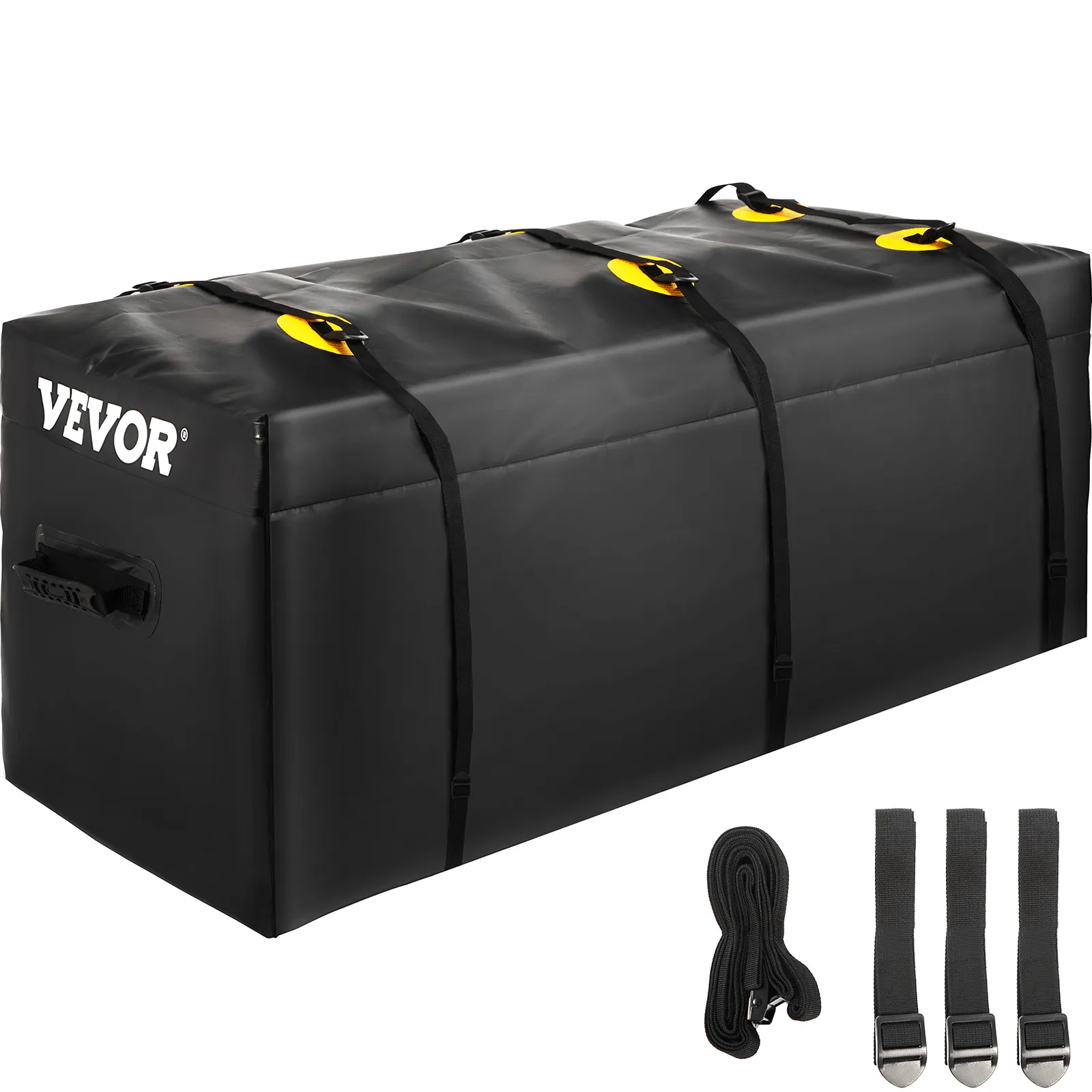 VEVOR cargo carrier bag in black with multiple straps and handles, includes extra securing straps.