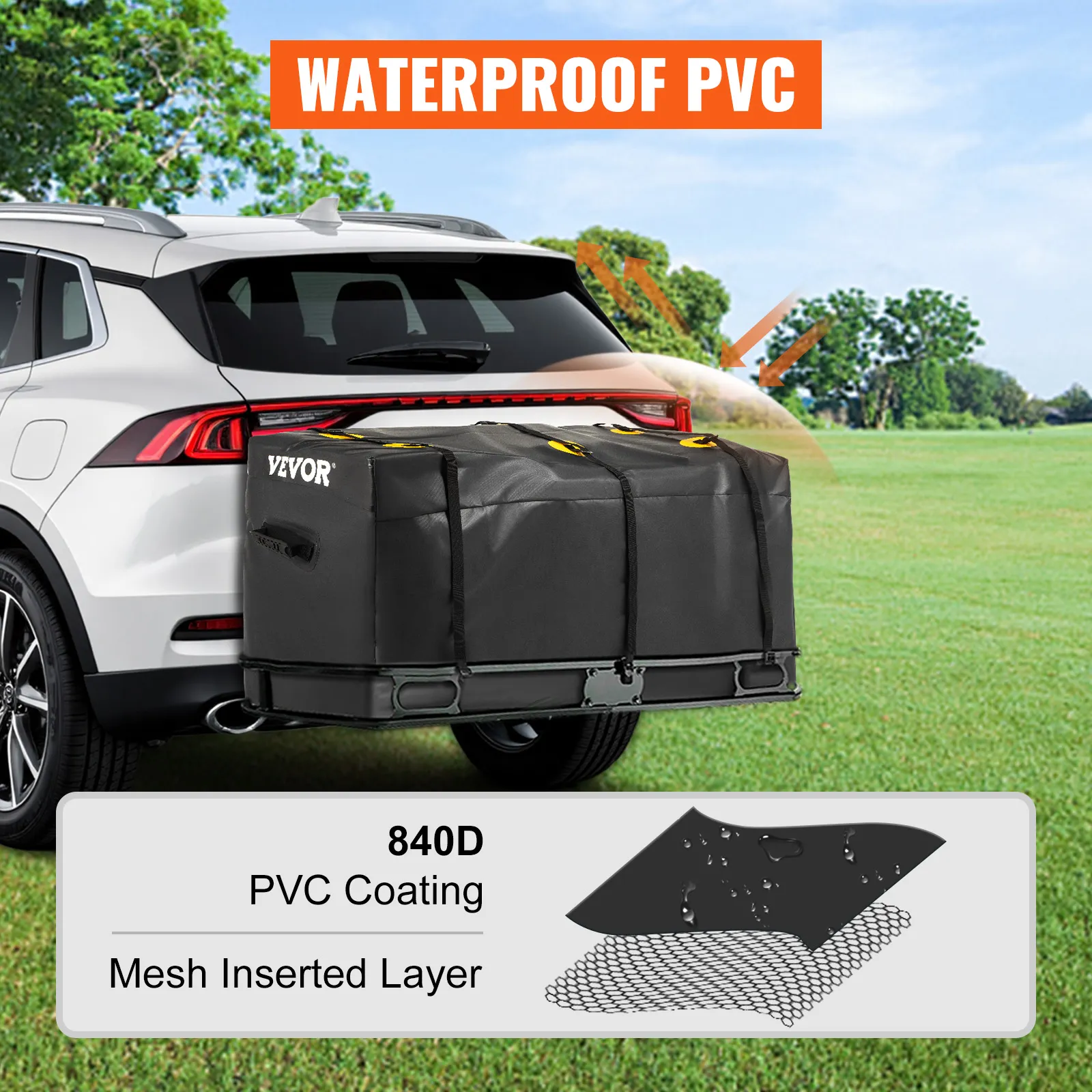 VEVOR cargo carrier bag mounted on suv, showcasing waterproof pvc material and 840d mesh layer.