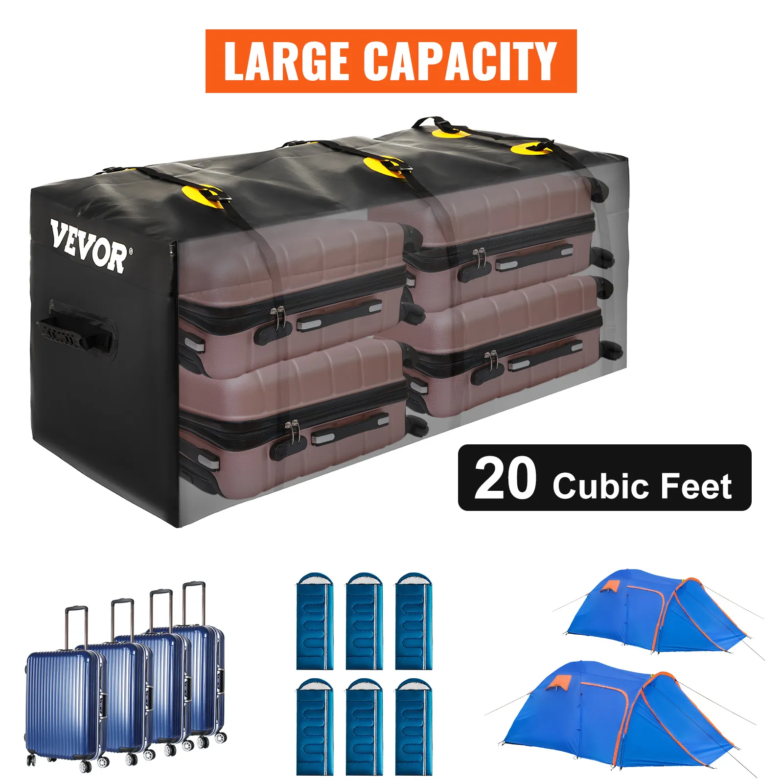 VEVOR cargo carrier bag with large capacity, fits multiple suitcases, 20 cubic feet.