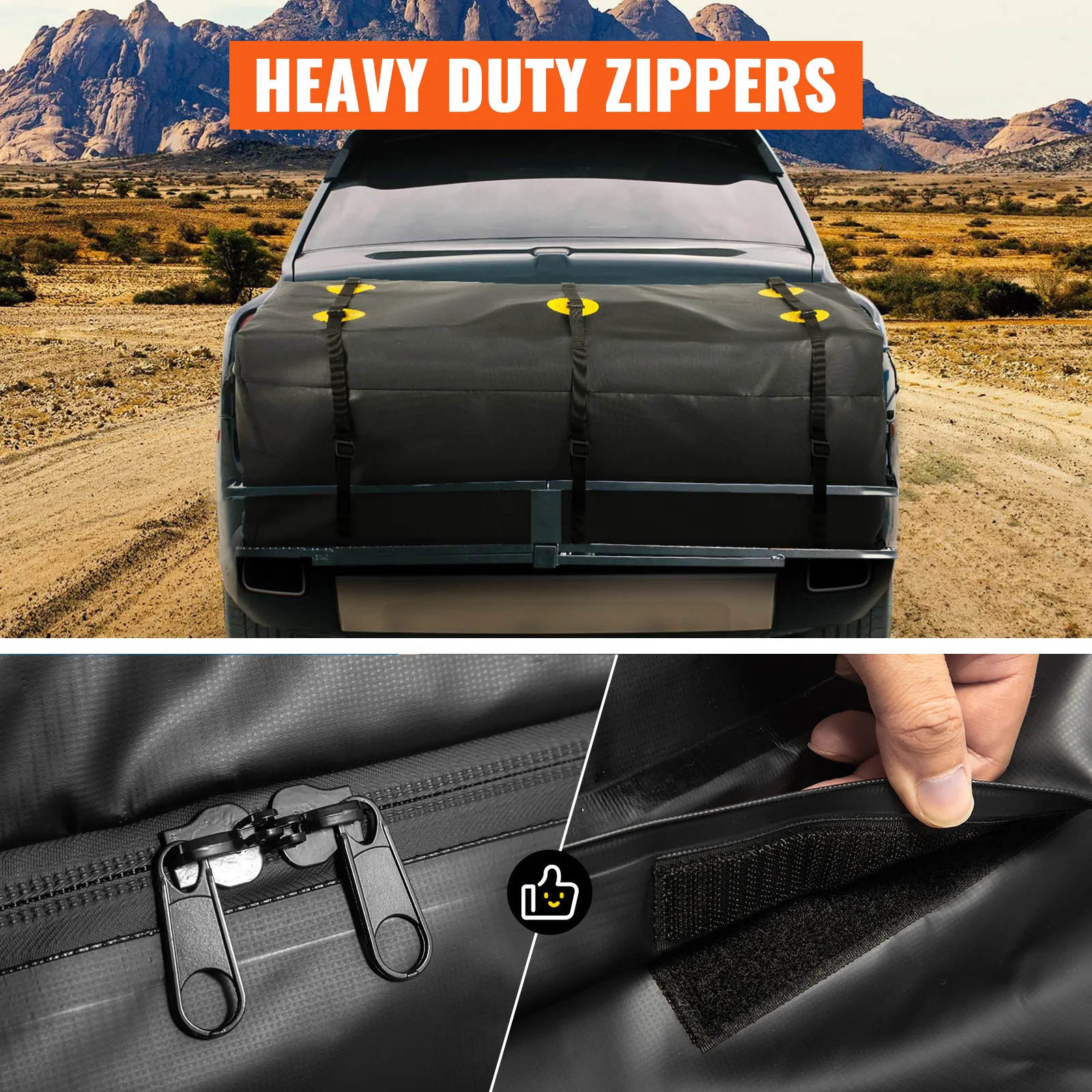 VEVOR cargo carrier bag on vehicle with heavy-duty zippers and secure straps in a desert landscape.