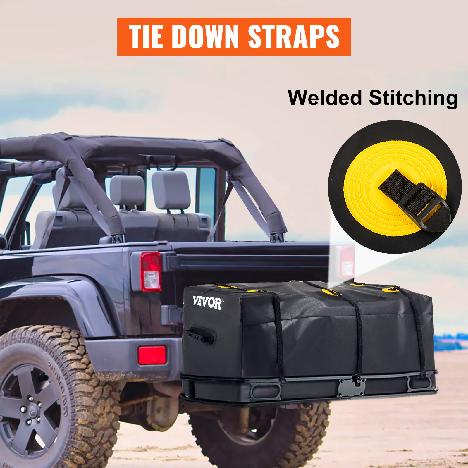 VEVOR cargo carrier bag with tie down straps on an suv, close-up of yellow welded stitching.