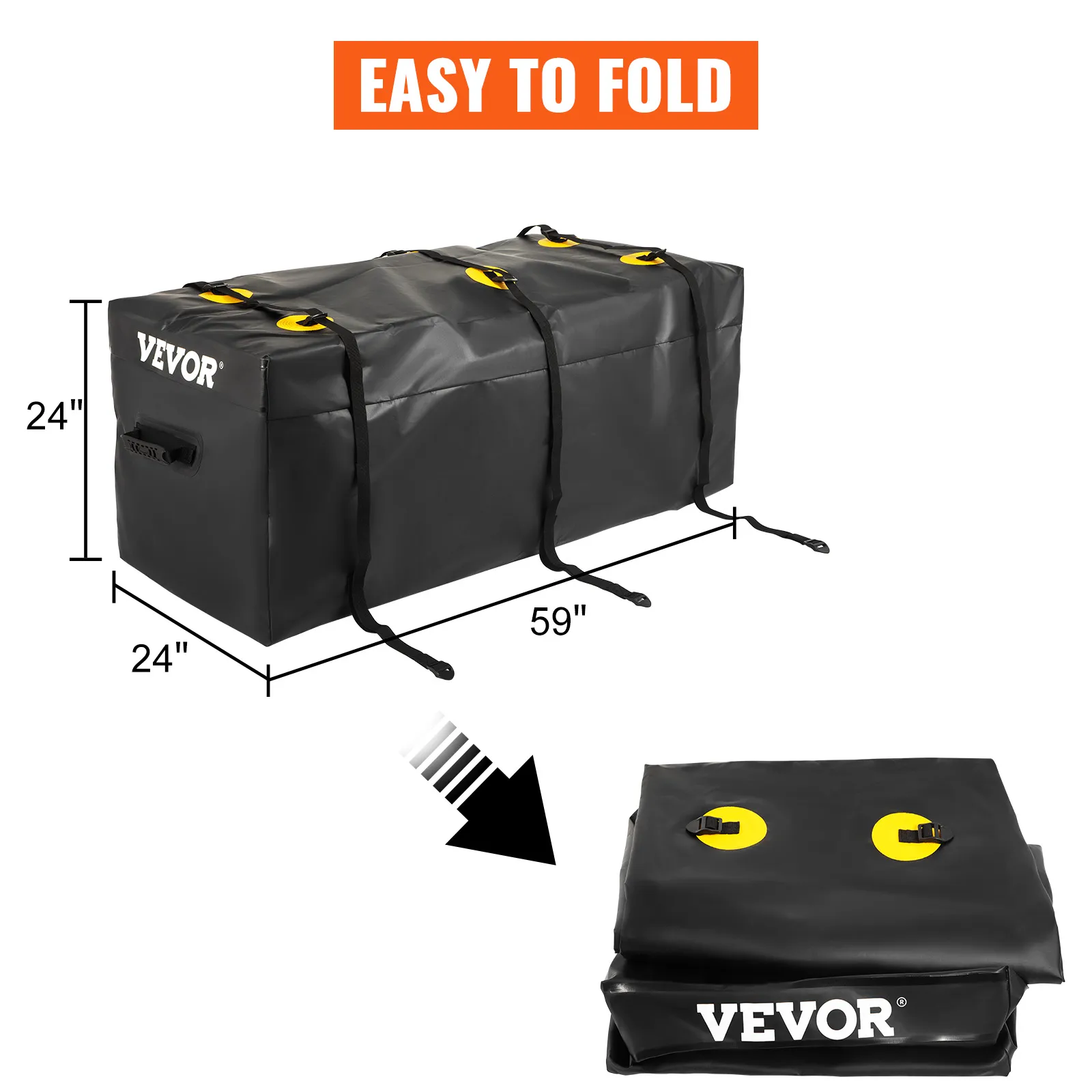 VEVOR cargo carrier bag, 59"x24"x24", easy to fold, black with yellow buckles, side handle included