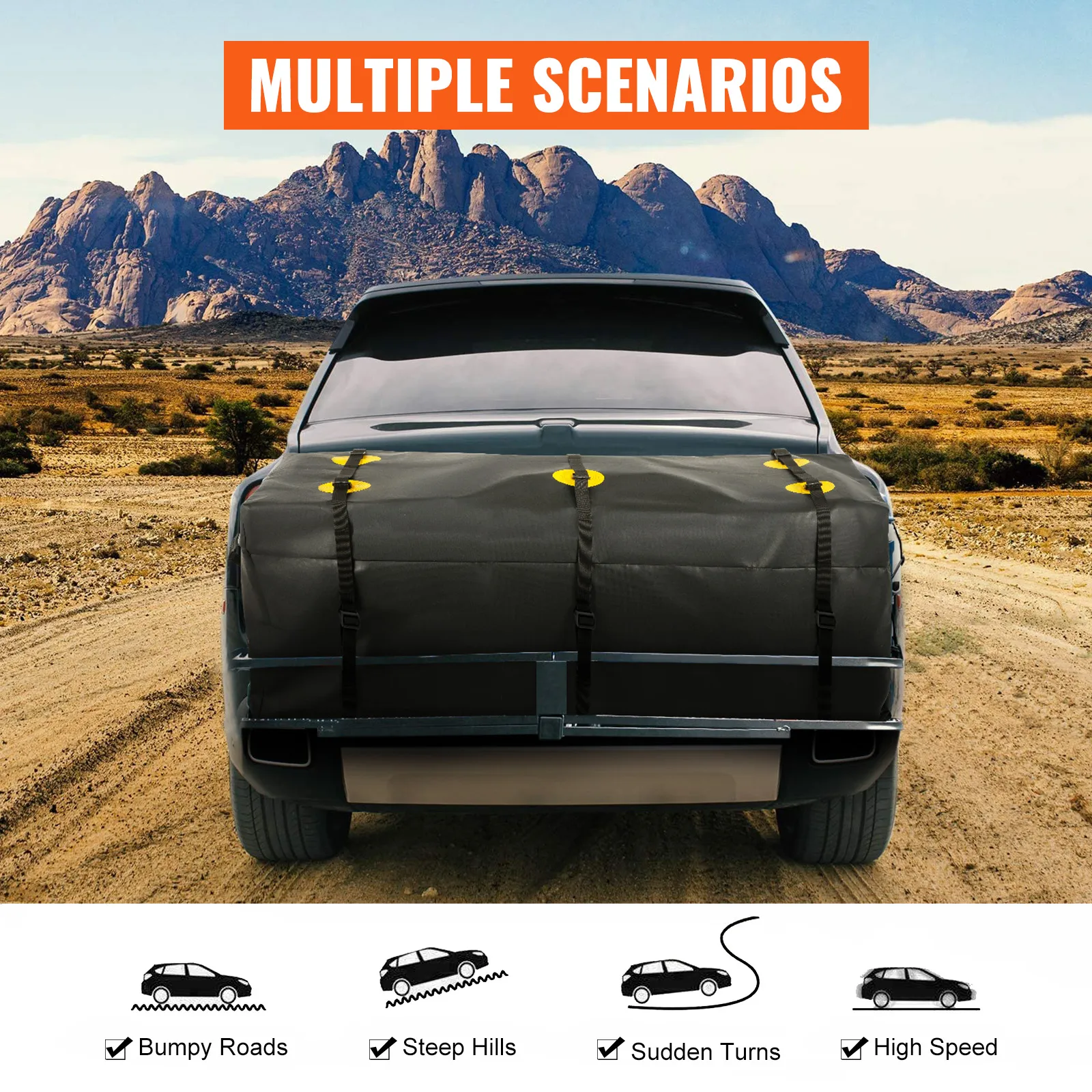 VEVOR cargo carrier bag on a car in a desert setting with text "multiple scenarios".