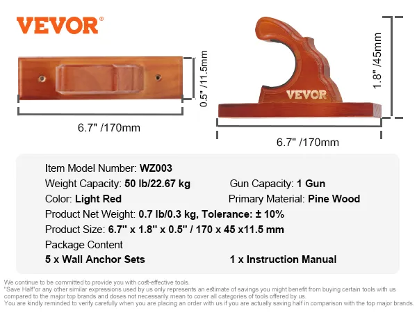 VEVOR gun rack, light red pine wood, fits 1 gun, includes 5 wall anchors and instruction manual.