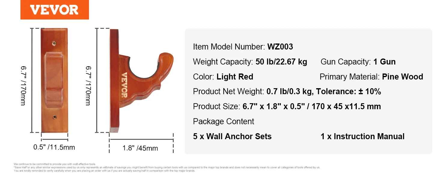VEVOR gun rack, light red pine wood, fits 1 gun, includes 5 wall anchors and instruction manual.