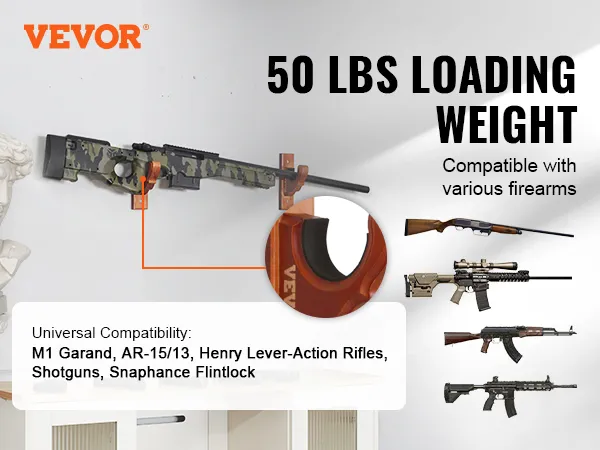 VEVOR gun rack holding a camo rifle, compatible with various firearms, supports up to 50 lbs.