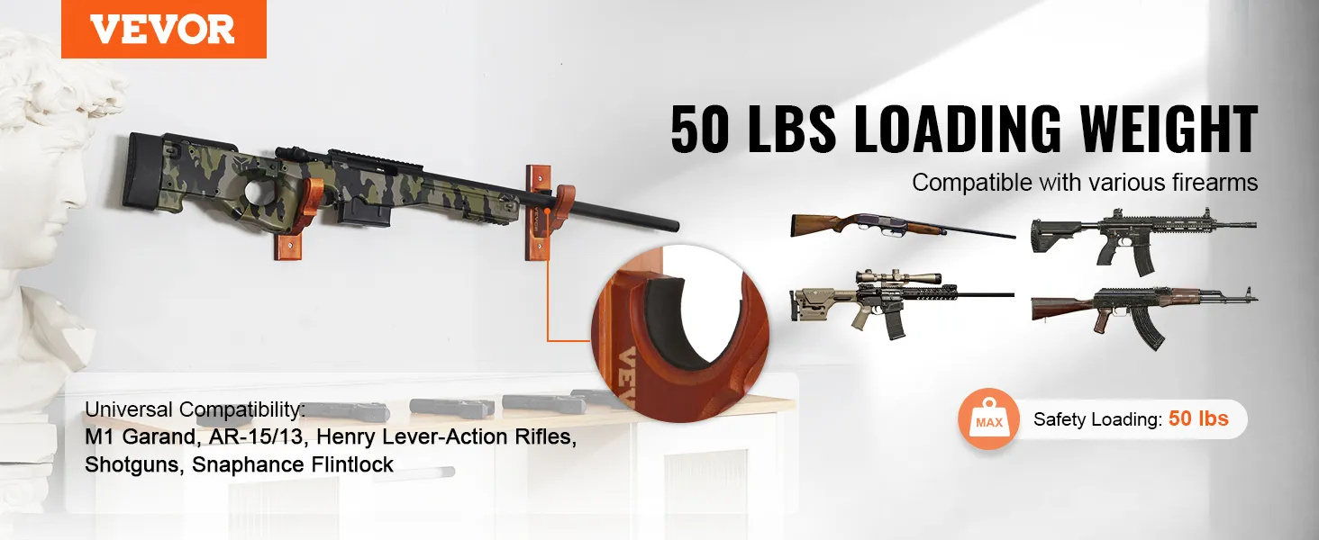 VEVOR gun rack holding a camo rifle, compatible with various firearms, supports up to 50 lbs.