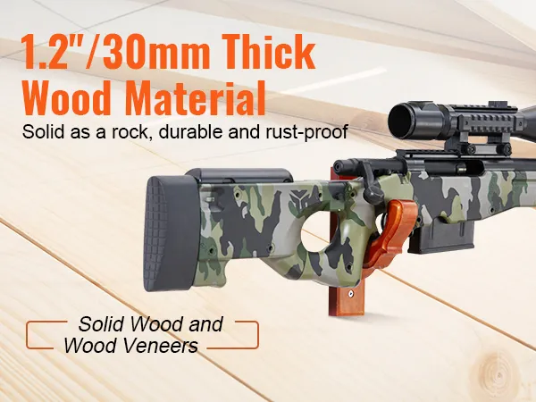 VEVOR gun rack, 1.2"/30mm thick wood material, solid wood and veneers, durable and rust-proof.