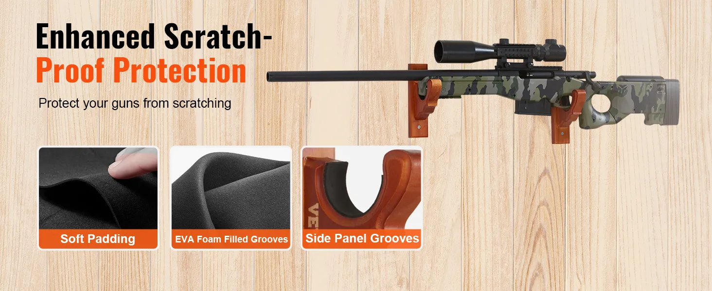 VEVOR gun rack with eva foam filled grooves and soft padding for enhanced scratch-proof protection.