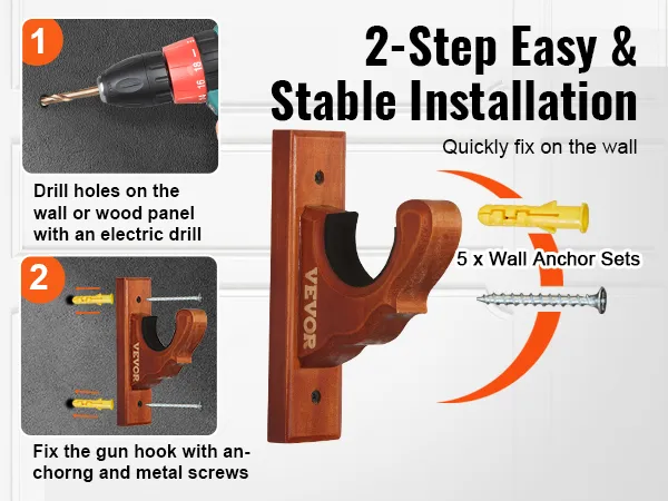 2-step installation for VEVOR gun rack with drill, anchors, screws, and wooden gun holders on a wall.