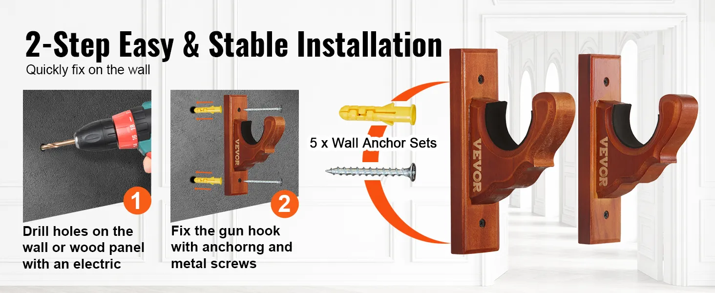 2-step installation for VEVOR gun rack with drill, anchors, screws, and wooden gun holders on a wall.