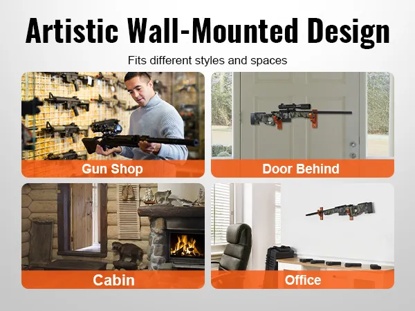 artistic wall-mounted design showcasing VEVOR gun rack for gun shop, door behind, cabin, and office.