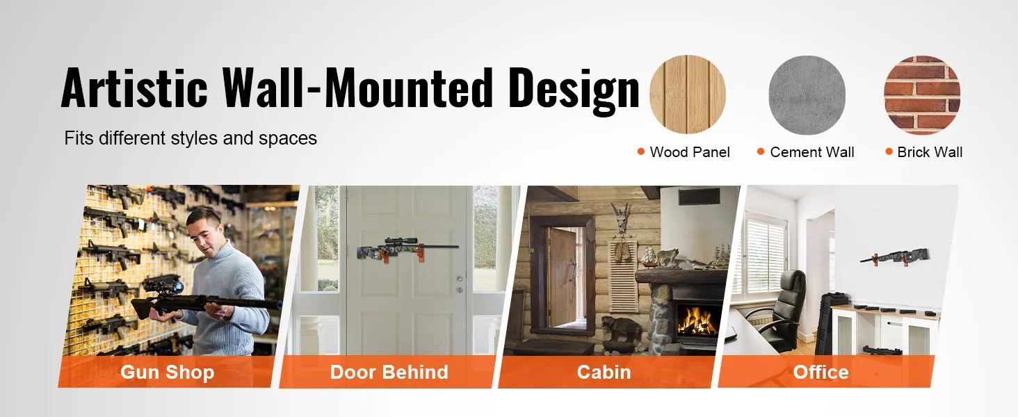 artistic wall-mounted design showcasing VEVOR gun rack for gun shop, door behind, cabin, and office.