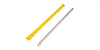 Herramienta destalonadora de neumáticos VEVOR amarilla junto a una varilla de metal plateada sobre fondo blanco