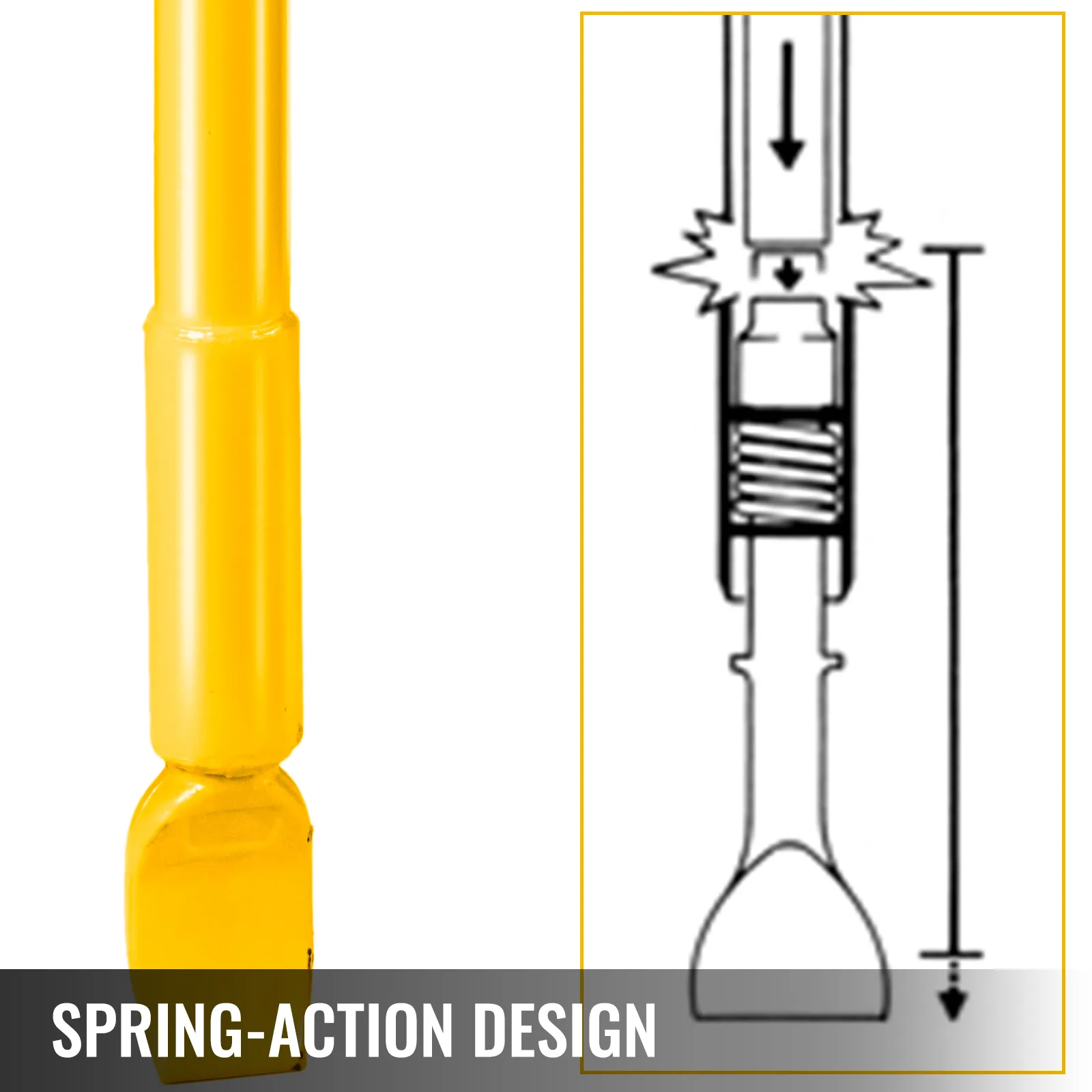 Esquema de diseño de destalonador de neumáticos VEVOR amarillo con acción de resorte.