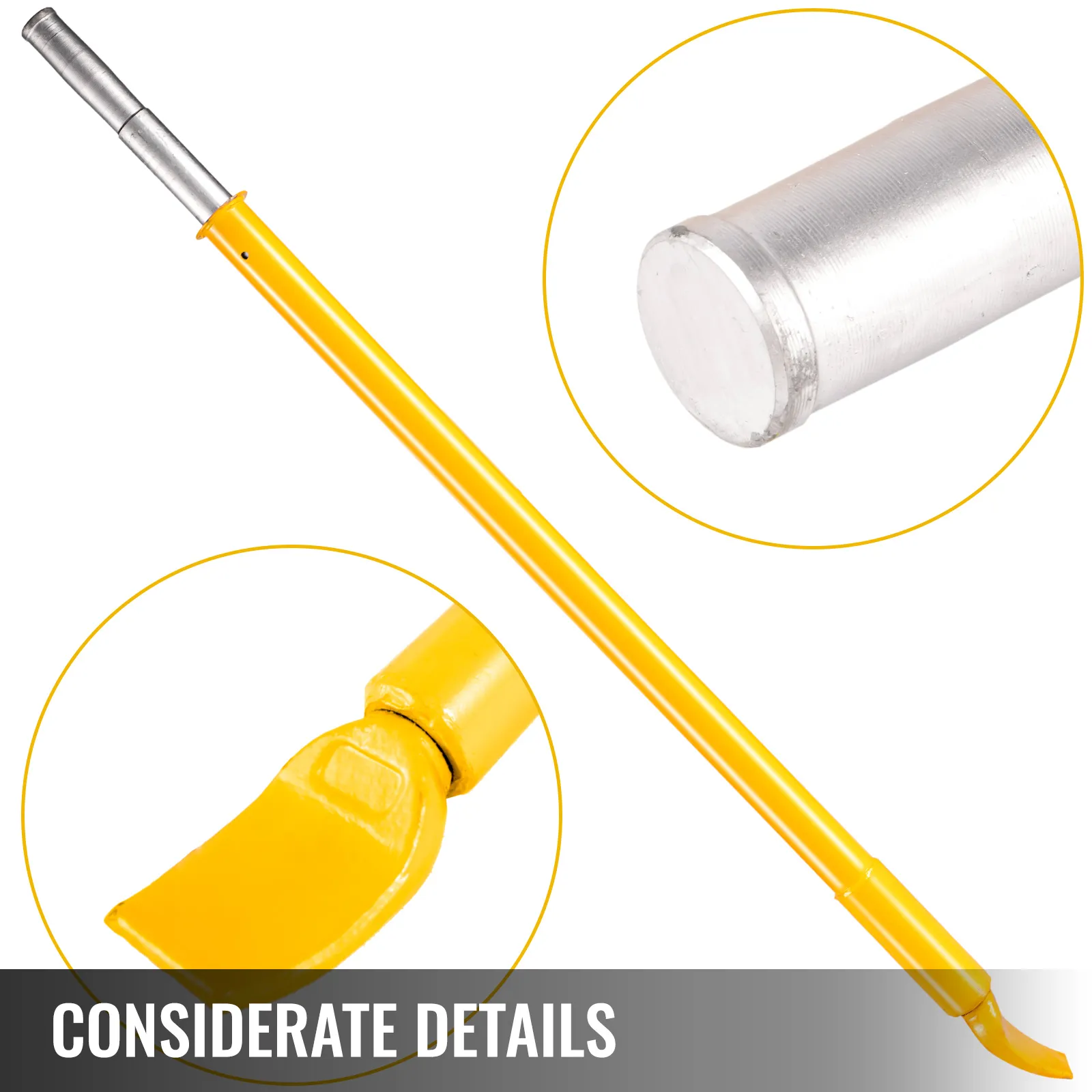Destalonador de neumáticos VEVOR amarillo con punta de metal y pedal marcado "detalles considerados".