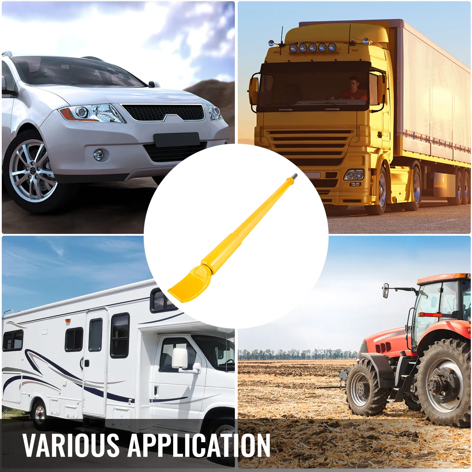 El destalonador de neumáticos VEVOR se exhibe junto a automóviles, camiones, vehículos recreativos y tractores, demostrando versatilidad.