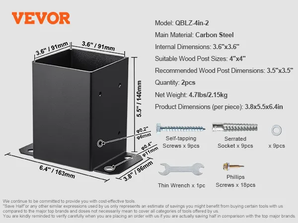 VEVOR post base brackets, carbon steel construction, internal dimensions 3.6"x3.6", includes screws.