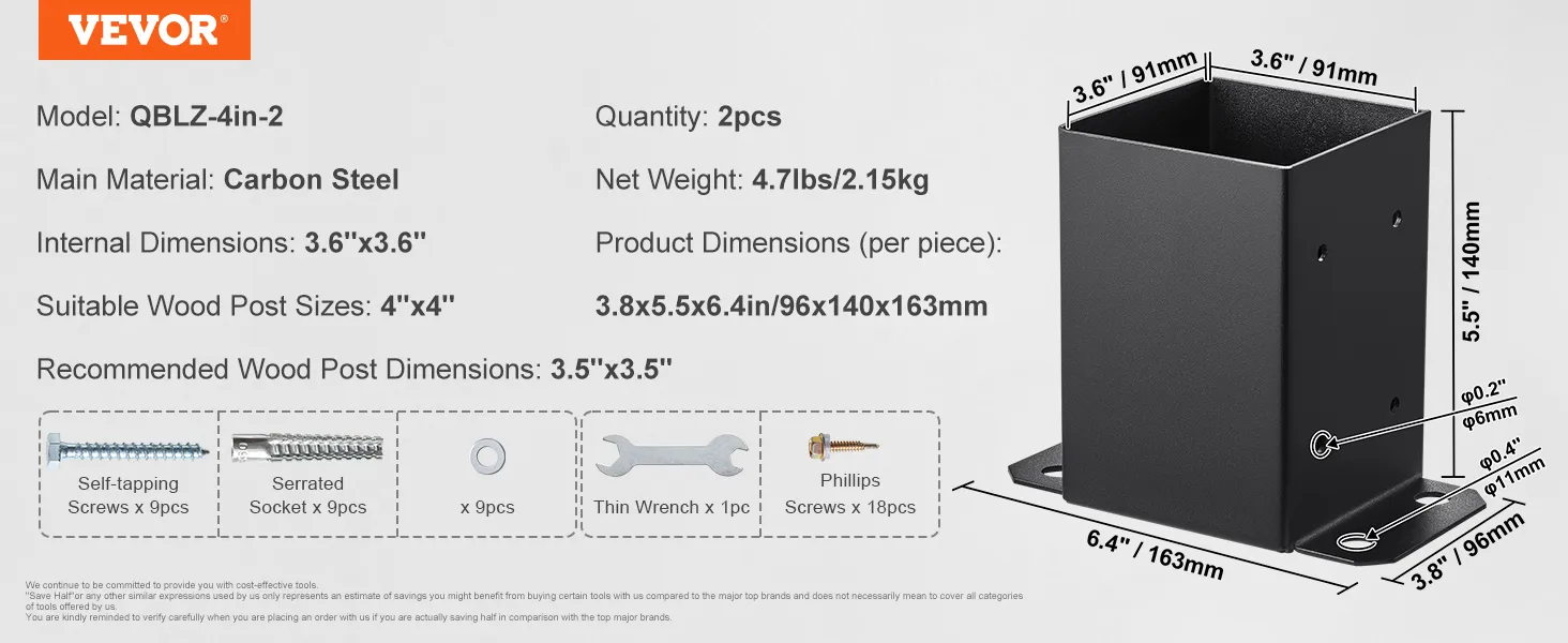 VEVOR post base brackets, carbon steel construction, internal dimensions 3.6"x3.6", includes screws.