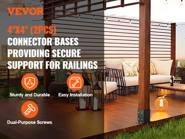 VEVOR post base brackets providing secure support with easy installation and dual-purpose screws for railings.