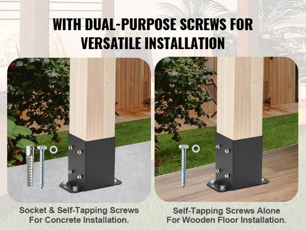 VEVOR post base brackets with dual-purpose screws for concrete and wooden floor installation.