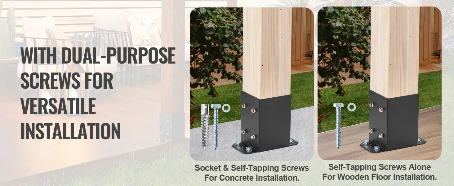 VEVOR post base brackets with dual-purpose screws for concrete and wooden floor installation.