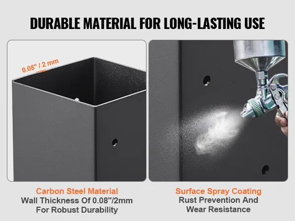 durable VEVOR post base brackets with 0.08" wall thickness, carbon steel material, and rust prevention.