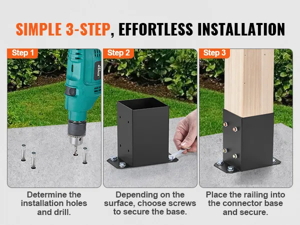 simple 3-step installation guide for VEVOR post base brackets: drilling, securing base, placing railing.