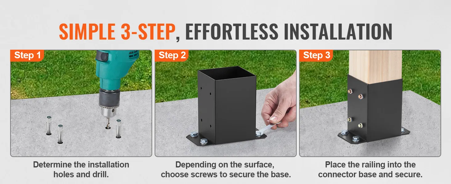 simple 3-step installation guide for VEVOR post base brackets: drilling, securing base, placing railing.