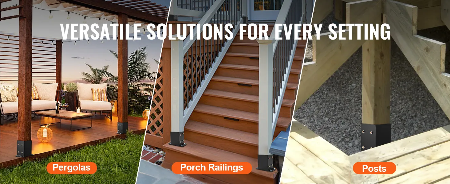 VEVOR post base brackets for pergolas, porch railings, and posts, providing versatile construction solutions.