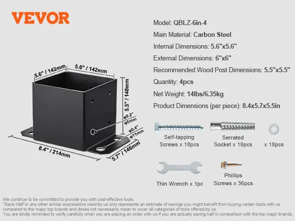 VEVOR post base brackets details with dimensions, material, and included components. model: qblz-6in-4.