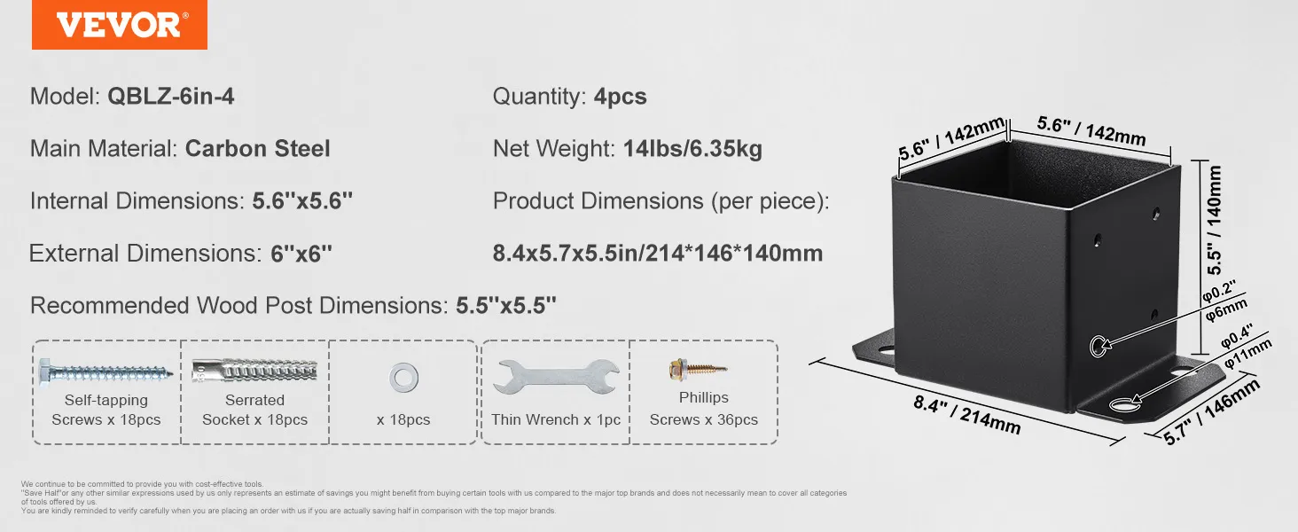 VEVOR post base brackets details with dimensions, material, and included components. model: qblz-6in-4.