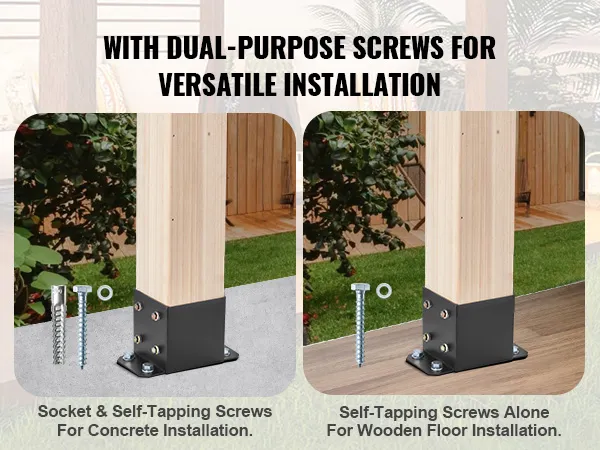 VEVOR post base brackets with dual-purpose screws for concrete or wooden floor installation.