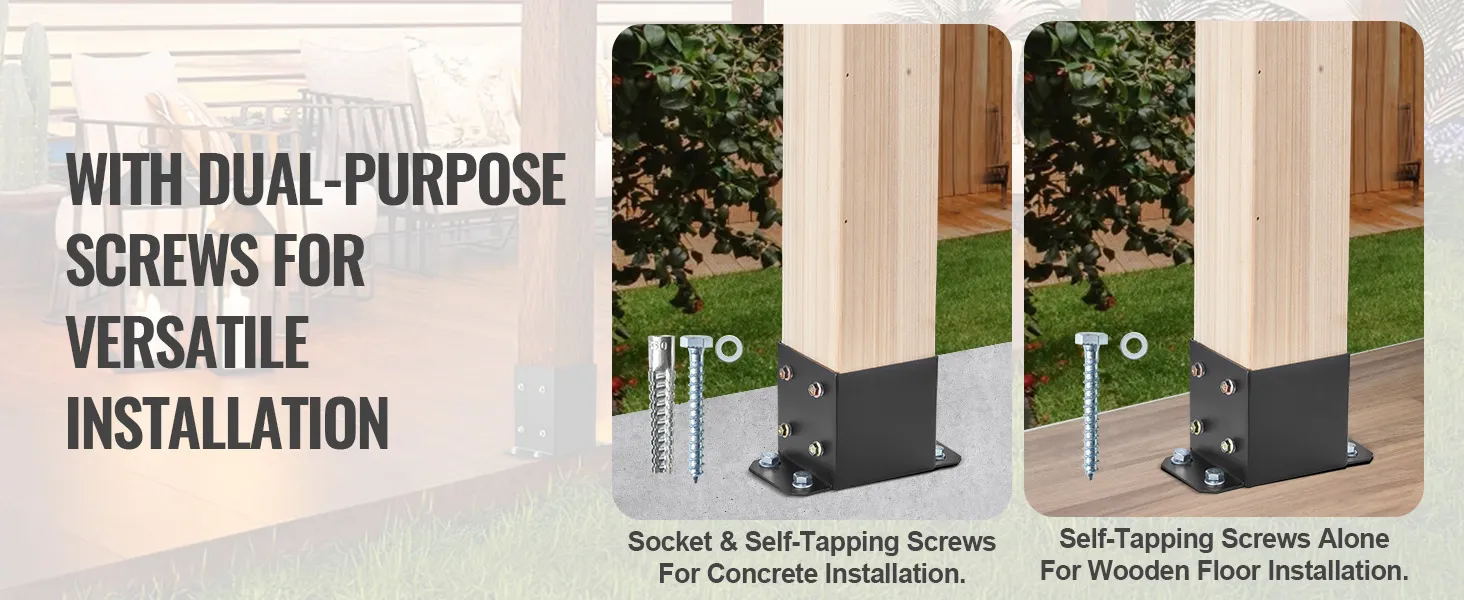 VEVOR post base brackets with dual-purpose screws for concrete or wooden floor installation.