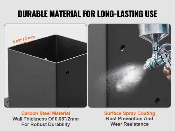 VEVOR post base brackets feature durable 2mm carbon steel material and rust-resistant surface spray coating.