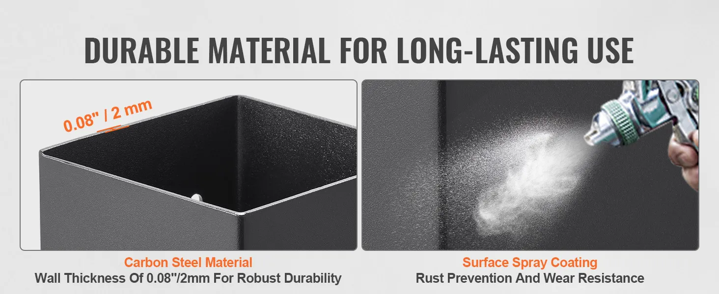 VEVOR post base brackets feature durable 2mm carbon steel material and rust-resistant surface spray coating.