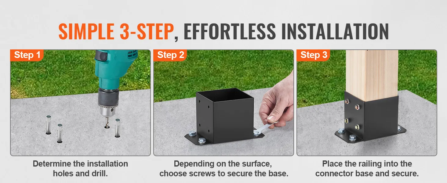 VEVOR post base brackets installation: drilling holes, securing base, and attaching wood post.