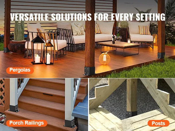 VEVOR post base brackets for pergolas, porch railings, and posts; versatile solutions for every setting.