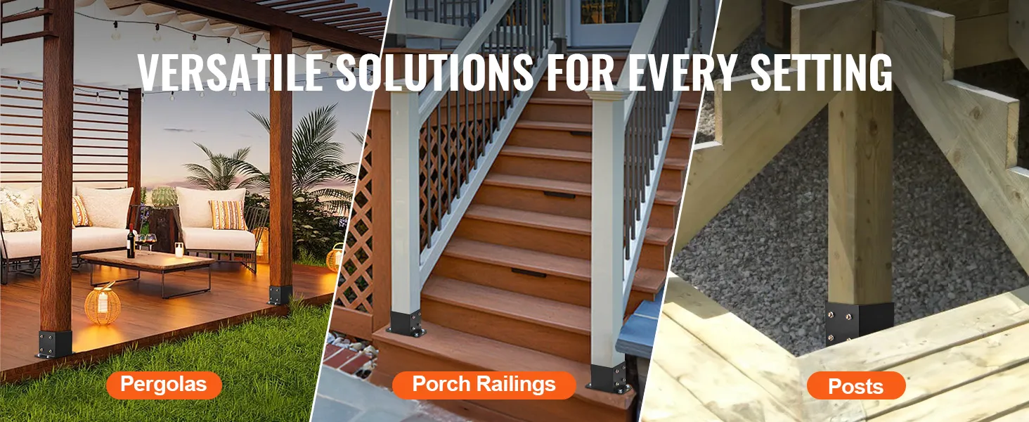 VEVOR post base brackets for pergolas, porch railings, and posts; versatile solutions for every setting.