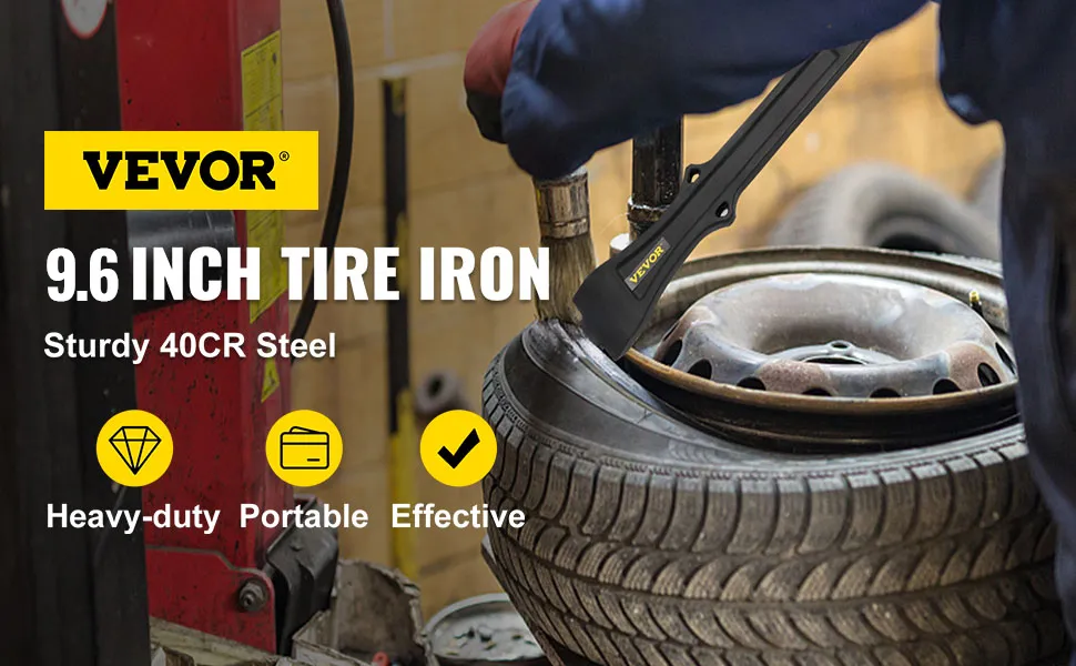 VEVOR tire changing tool being used on a tire with steel rim showing strength icons.